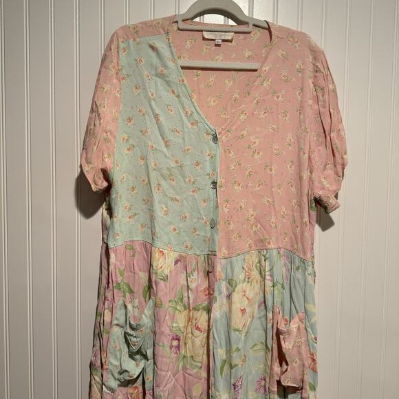 Jenny Helene Vintage 90s Patchwork Pastel Floral Midi Dress Cottagecore Large - Picture 2 of 7